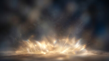Cinematic light explosion on dark floor, glowing golden sparks with smoke, dramatic stage lighting background for product display © Tayyab