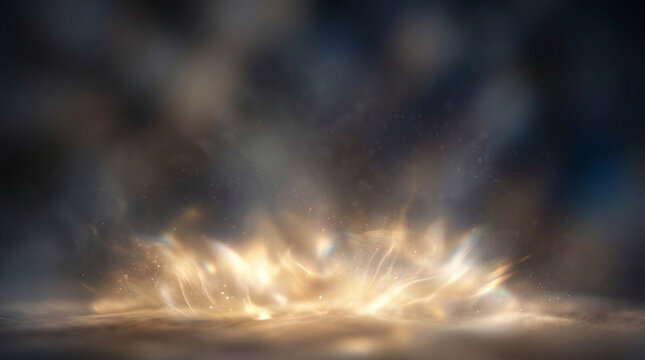 Cinematic light explosion on dark floor, glowing golden sparks with smoke, dramatic stage lighting background for product display