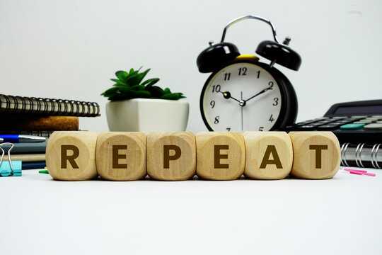 REPEAT alphabet letters with alarm clock and calculator on white background