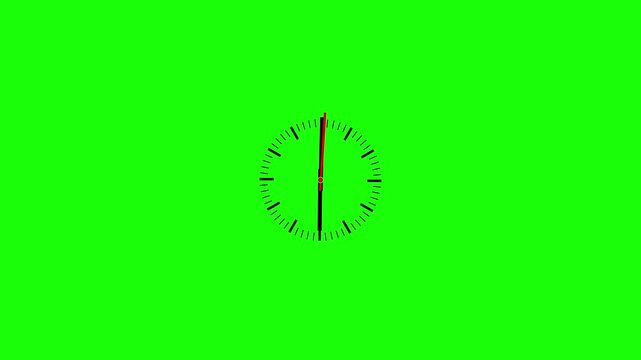 Minimalist analog clock face spinning fast on green screen background, time watch motion