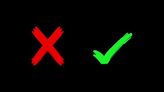 Animated Hand drawn red cross and green check mark for wrong and correct choices, 4K alpha channel video