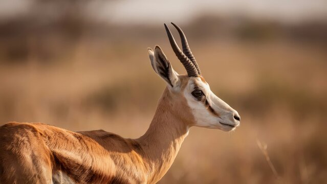 Portrait of a springbok in the wild at sunset. Wildlife safari concept.