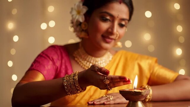 Beautiful indian woman in traditional saree and jewelry lighting a diya lamp, festive atmosphere