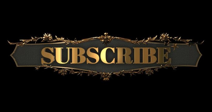 3D luxury gold subscribe button with growing floral ornaments and glowing lights on black background. Elegant royal call to action lower third animation for YouTube vlogs and wedding videos