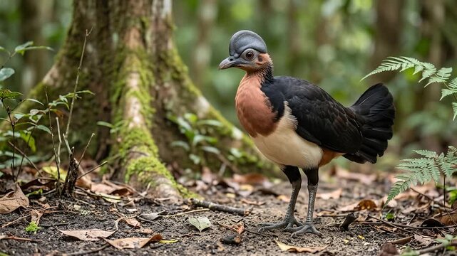 Crested Wood Partridge Standing on the Forest Floor Surrounded by Lush Tropical Vegetation