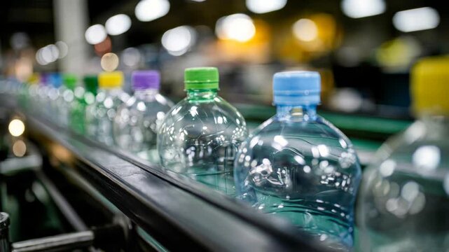 Clear plastic bottles with colorful caps move on conveyor belt in dynamic close-up factory footage.