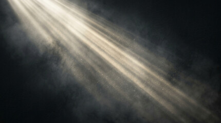 Fototapeta premium Cinematic sun rays through smoke, dramatic light beams on black background, ethereal volumetric lighting for overlay effects