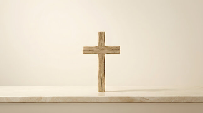 Simple wooden cross standing upright on a clean stone altar surface against a minimal plain background