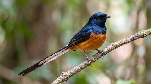 White-rumped Shama Perched on a Tree Branch in a Lush Natural Forest Habitat During Daytime