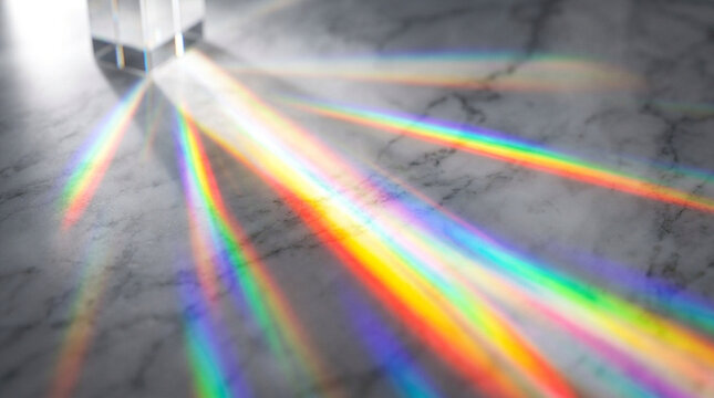 Prism rainbow light refraction on marble surface, colorful spectral light beams, crystal glass dispersion effect on stone background