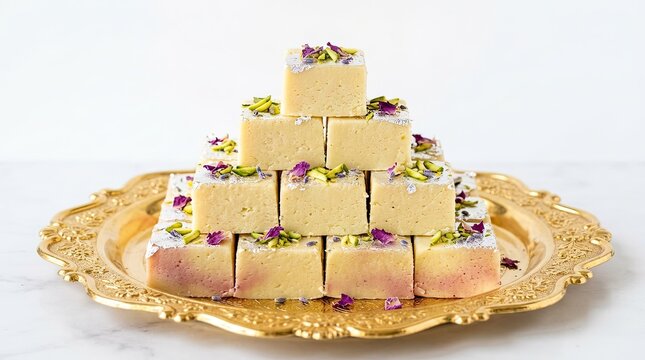 A beautiful arrangement of traditional indian sweets barfi is displayed on a golden plate for the joyous festival of diwali