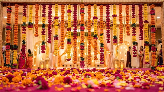 A vibrant and colorful diwali celebration featuring intricate floral decorations and warm inviting lighting symbolizing the festival of lights