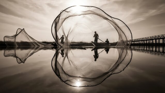 Fishermen casting nets on a lake at sunset. A symbol of rural tradition.
