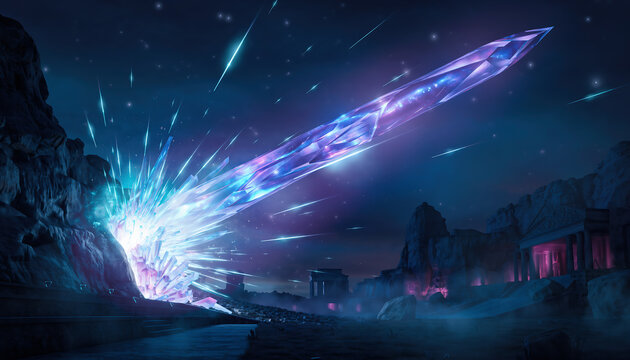 Epic fantasy landscape of a giant glowing magic crystal meteor crashing into ancient temple ruins under a starry night sky