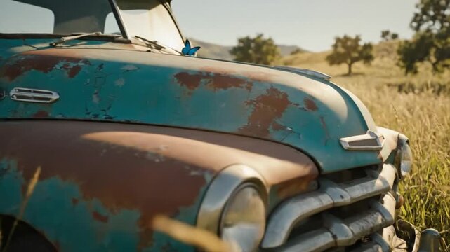 Weathered vintage teal truck with rust parked in a field with tall yellow grass and a butterfly on its hood on a sunny day