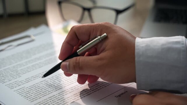 businessman signing over contract papers on clipboard at wooden desk spreadsheet, laptop, glasses, preparing agreement signing, document review, and business paperwork workflow in daylight.