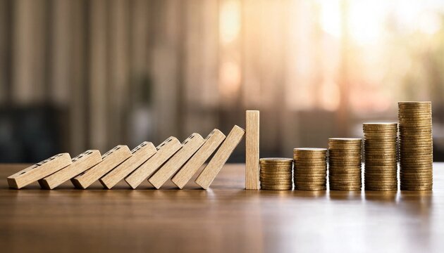 Financial growth concept illustrated with falling dominoes and rising stacks of coins on wooden surface
