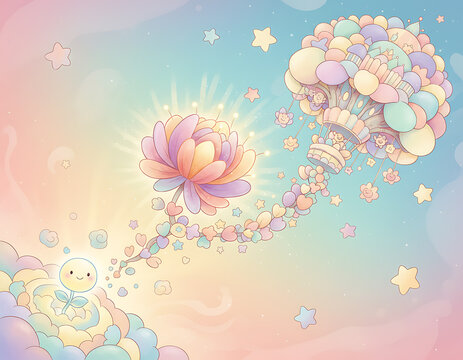 Plant character reaching balloon with heart shaped path for growth in sky