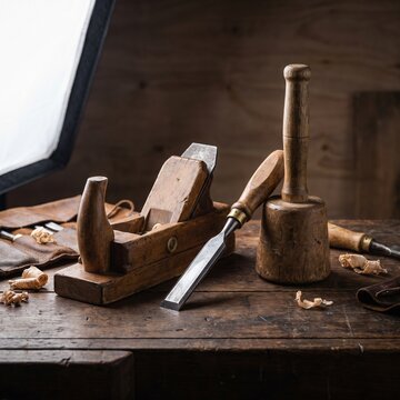 Vintage wooden carpentry hand tools, planer and mallet on a workbench