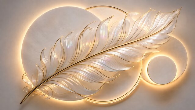 Elegant 3D wall art featuring a large, iridescent white feather with gold trim layered over glowing circular backlit panels.