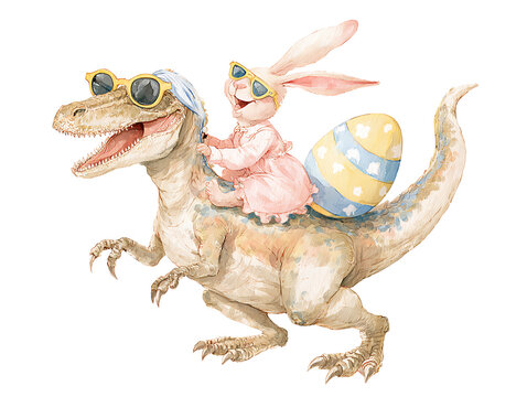 Smiling Easter Bunny riding a cool dinosaur wearing sunglasses carrying a large egg