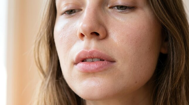 Extreme close up of woman with oily skin showing texture and pores, professional skincare concept for treating oily skin and sebum control, natural female oily skin portrait.
