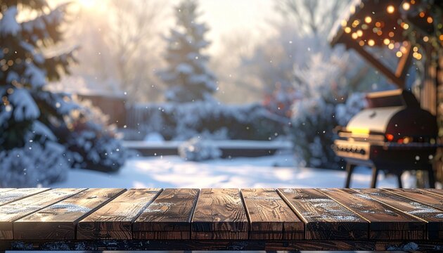 A winter backyard gathering with a barbecue grill and wooden table, with a blurred background.