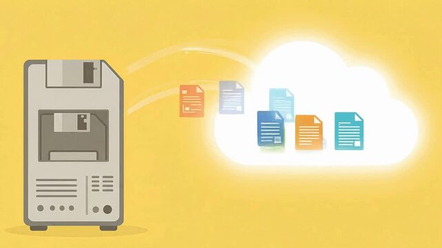 Cloud computing data backup animation, retro computer floppy disk transferring files to digital cloud, vintage technology storage concept