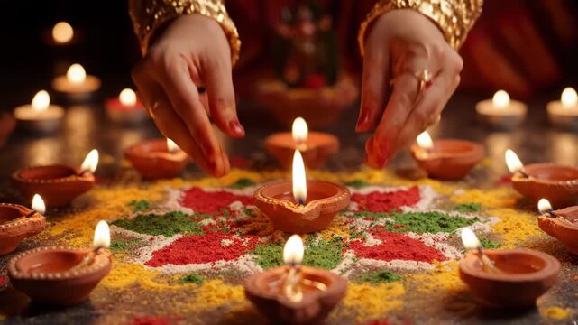 Womans hands holding a traditional lit diya lamp over a vibrant rangoli design for diwali festival