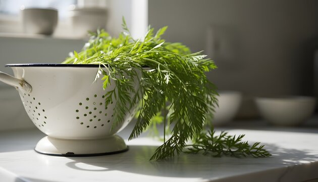 Freshly harvested organic green carrot tops in a white enamel colander on a kitchen countertop for healthy farm to table lifestyle concept with natural sunlight