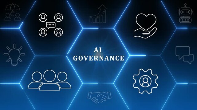 AI Artificial Intelligence governance concept. AI Policy for ensuring responsible, ethical use of artificial intelligence (AI) technologies. Transparency, accountability, bias, privacy of AI system.4k