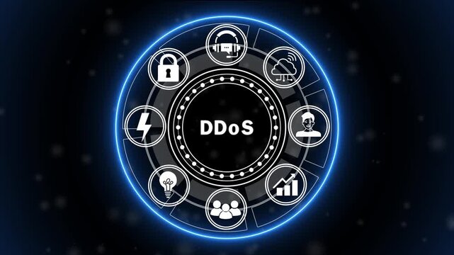 Futuristic DDoS Cybersecurity Interface Animation with Network Attack Detection, Traffic Monitoring and Digital Security HUD