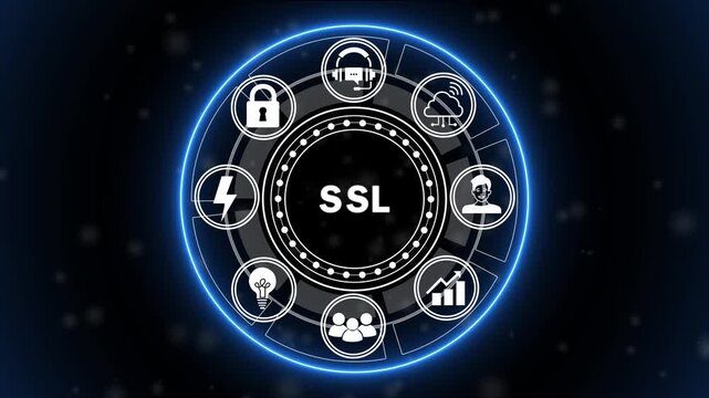 Futuristic SSL Security Interface Animation with Secure Web Connection, Data Encryption and Cybersecurity HUD