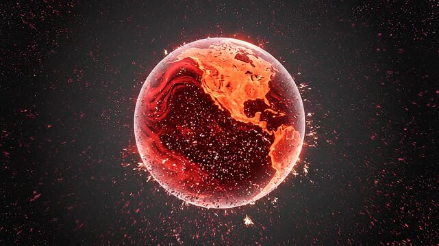 Ultra-HD 3D motion graphics of luminous crimson red and ruby orange particle streaks colliding into a glowing sphere. Tech background