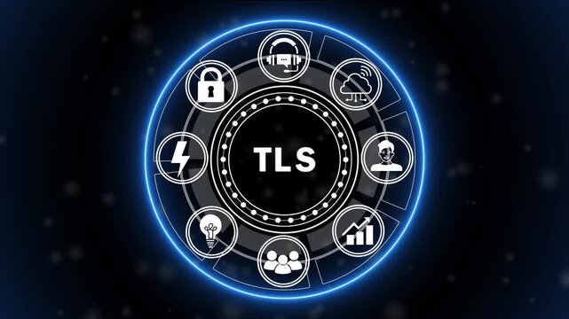 Futuristic TLS Security Interface Animation with Transport Layer Encryption, Secure Network Connection and Cybersecurity HUD