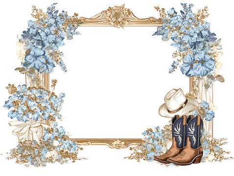 Western floral frame with cowboy hat and boots decoration