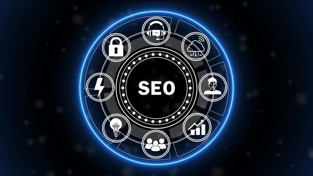 Futuristic SEO Digital Marketing Interface Animation with Search Engine Optimization, Website Analytics and Growth Strategy HUD