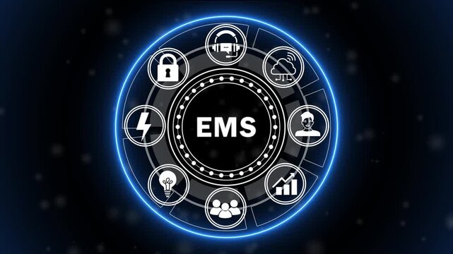 Futuristic EMS Energy Management System Interface Animation with Smart Grid, Power Monitoring and Digital Technology HUD
