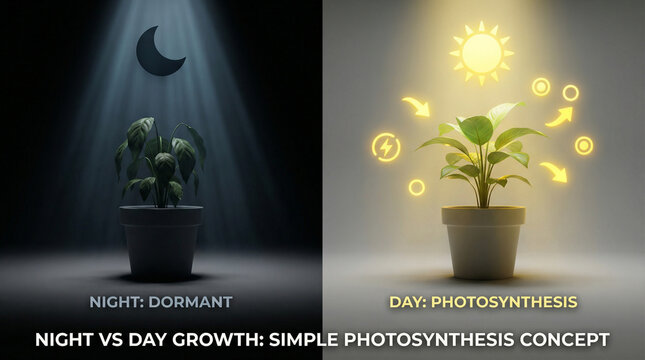 Simple Photosynthesis Concept Comparing Plant Growth During Day and Night
