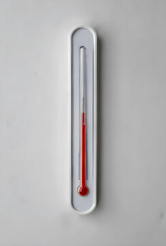 White modern thermometer with red mercury indicating high temperature on a textured gray background