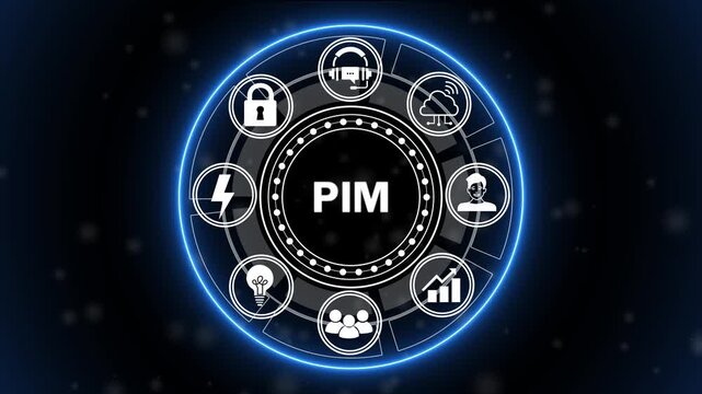 Futuristic PIM Product Information Management Interface Animation with Digital Catalog, Data Integration and E-Commerce Technology HUD