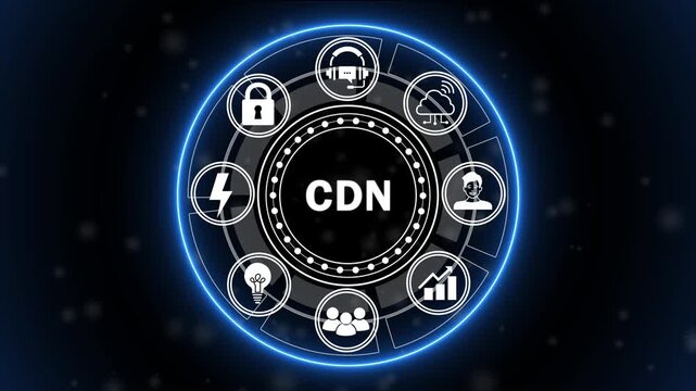 Futuristic CDN Network Interface Animation with Content Delivery, Cloud Computing, Data Distribution and Digital Technology HUD