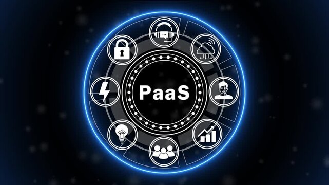 Futuristic PaaS Cloud Computing Interface Animation with Platform as a Service, Software Development and Digital Technology HUD
