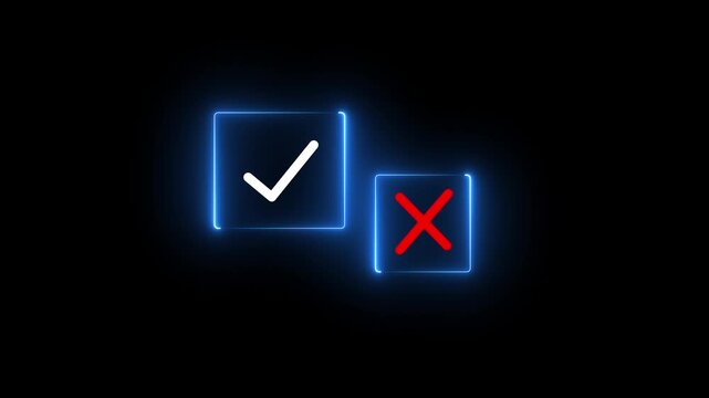 Neon glowing Select the check mark on a laptop. Check right and wrong marks. Concept decide to choose vote. Yes or no decisions, and business options for difficult situations in dilemma.4k