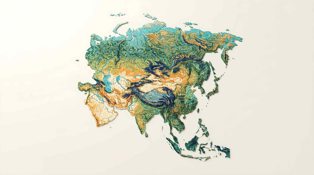 Artistic Topographic Map of Asia Featuring Elegant Flowing Ink Lines and Abstract Cartography Design on a Textured Paper Background