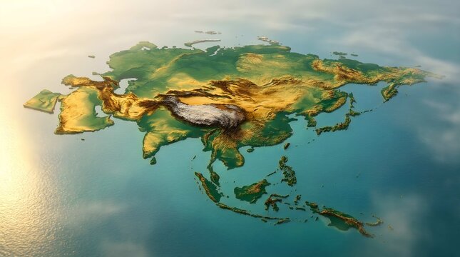 A detailed 3D topographic relief map of the Asian continent floating on a calm ocean under soft morning sunlight with realistic textures