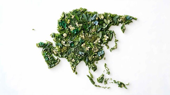 Conceptual Map of the Asian Continent Created from Lush Green Leaves and Botanical Foliage Elements Representing Nature and Environmental Growth