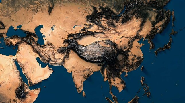 Relief Map of the Asian Continent Showing Topography and Mountain Ranges with Ocean Background