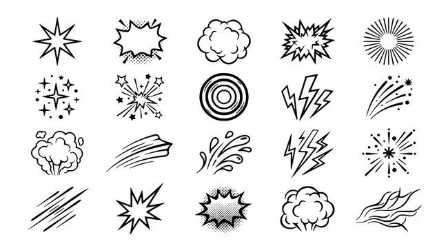 Comic explosion icon set with blast firework spark boom and impact burst editable black vector collection