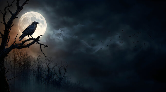 Spooky halloween background with black raven on dead tree branch, eerie full moon night with dark clouds, gothic horror scene isolated on White Background